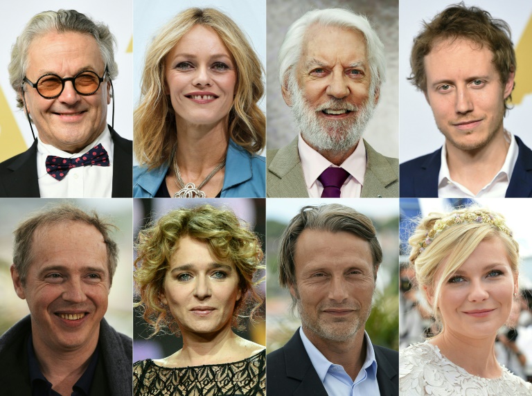 Photo montage avec certains des des membres du jury de Cannes (de haut en bas de G &agrave; D): Geroge Miller, Vanessa Paradis, Donald Sutherland, Lazlo Nemes, Arnaud Desplechin, Valeria Golino, Mads Mikkelsen, Kirsten Dunst. &copy; AFP